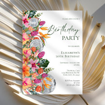 Rosa färgglada tropiska blommor Disco boll födelse