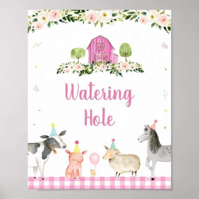 Rosa Farm Animal Wating Hål Birthday Sign Poster (Framsidan)