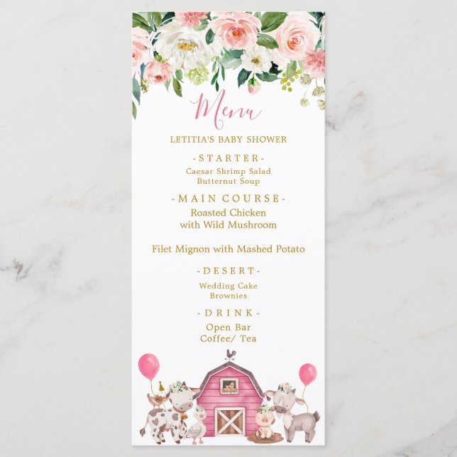 Rosa Farm Baby Shower Menu Meny (Framsida)