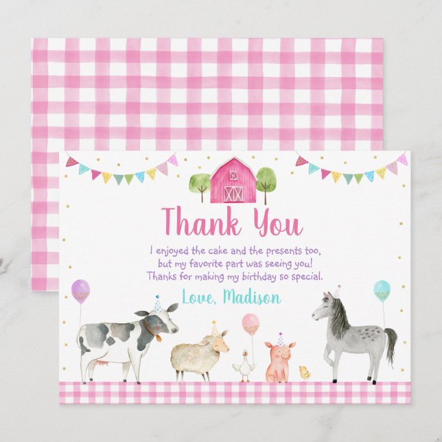 Rosa Farm Barnyard Farm Animal Birthday Tack Kort (Fram/baksida)