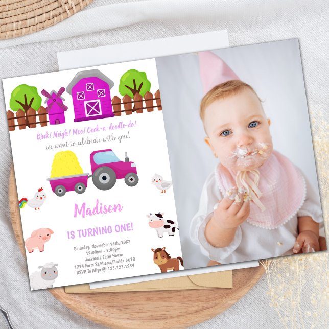 Rosa Farm Birthday-inbjudningar med foto Inbjudningar (Pink Farm Birthday Invitations with photo)