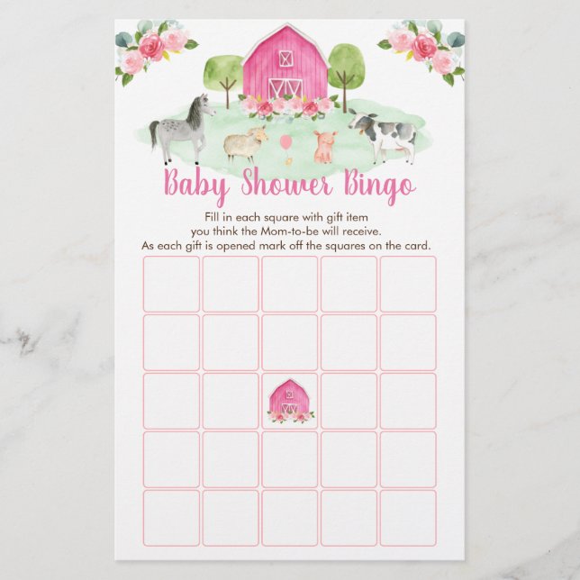 Rosa Farm Blommigt Baby Shower Bingo Game (Framsida)