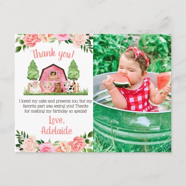 Rosa Farm Photo 1st Birthday Tack Postcard Vykort (Framsida)