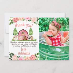 Rosa Farm Photo 1st Birthday Tack you Card Inbjudningar