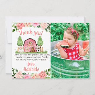 Rosa Farm Photo 1st Birthday Tack you Card Inbjudningar