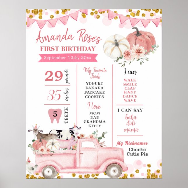Rosa Farm Pumpkin Lastbil Första födelsedagsskylt Poster (Framsidan)
