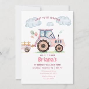 Rosa Farm Tractor Girl any age Birthday Investigat Inbjudningar