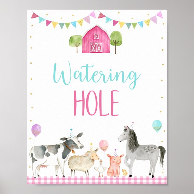 Rosa Farm Watering Hål Birthday Sign Poster (Framsidan)