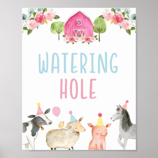 Rosa Farm Watering Hål Birthday Sign Poster (Framsidan)