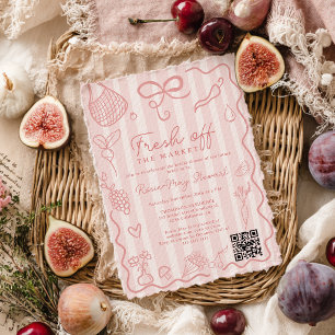 Rosa Färsk från Marknaden Handritad QR Bröllop Inbjudningar