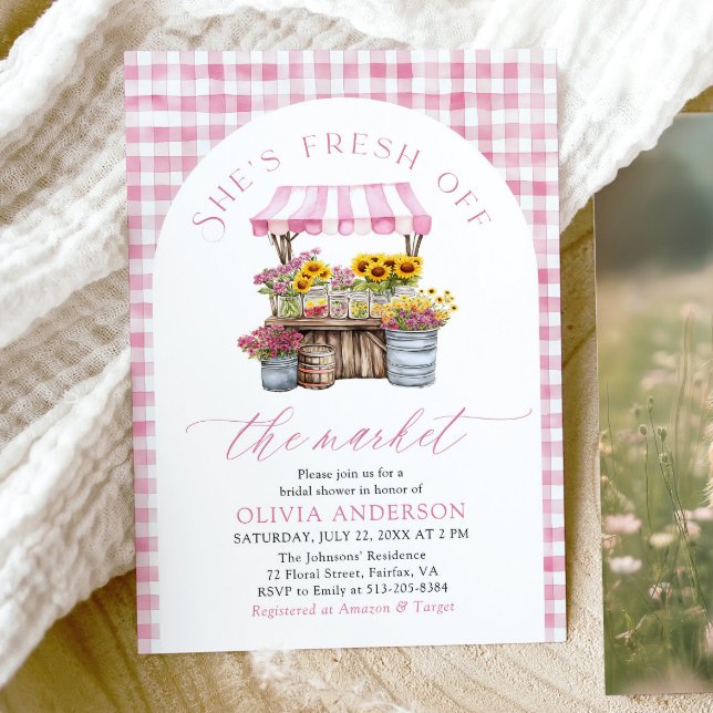 Rosa färsk utanför Möhippan för marknadsbågar Inbjudningar (Watercolor Elegant Pink Fresh Off The Market Farmers Market Arch Bridal Shower Invitation)