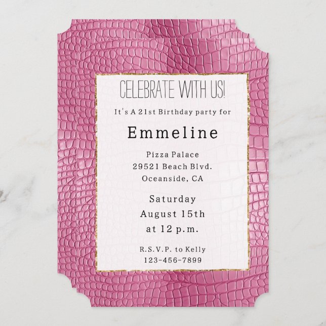 Rosa Faux Alligator Animal Birthday Inbjudningar (Fram/baksida)