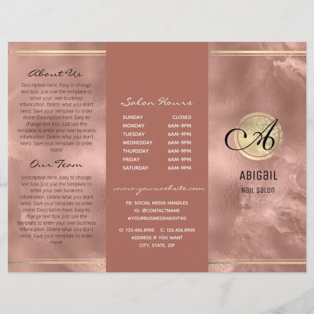 Rosa Faux Foil Monogram Logotyp Trifold Brochure (Framsida)