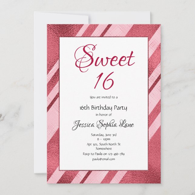 Rosa Faux Foil Sweet 16 Birthday bjudande Inbjudningar (Framsida)