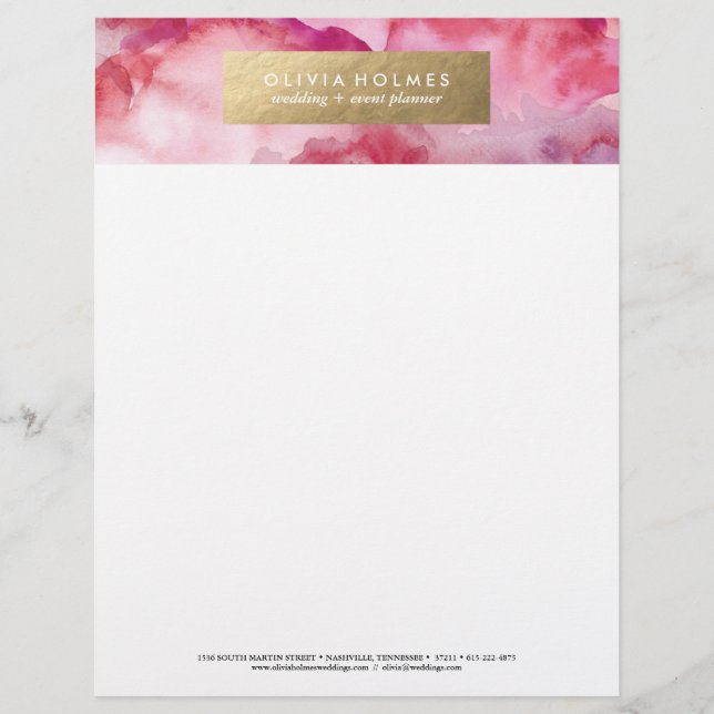 Rosa Faux Foil Watercolor Letterhead Brevhuvud (Framsida)