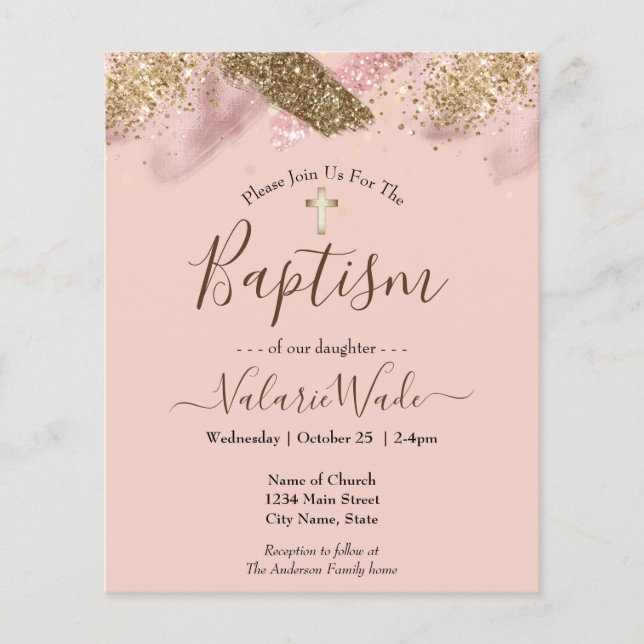 Rosa Faux Glitter budgetbaptism Flyer (Framsidan)
