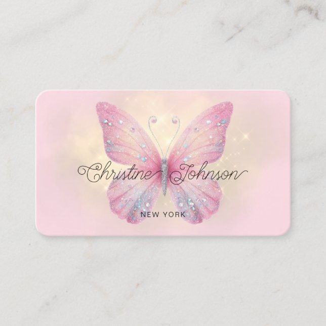 rosa faux glitter butterfly logotyp visitkort (Framsida)