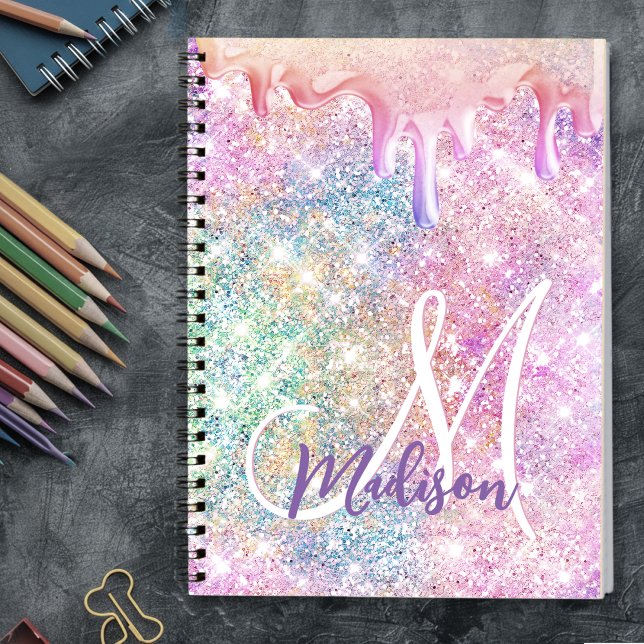 Rosa faux glitter dropp monogram för oljeskiktspen anteckningsbok (Skapare uppladdad)