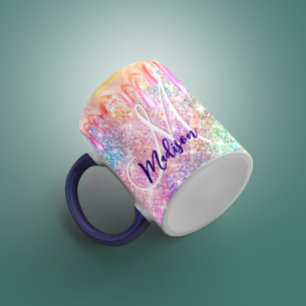 Rosa faux glitter dropp monogram för oljeskiktspen mugg