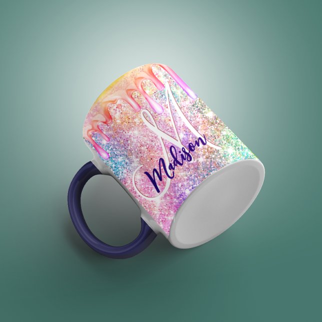 Rosa faux glitter dropp monogram för oljeskiktspen mugg (Skapare uppladdad)