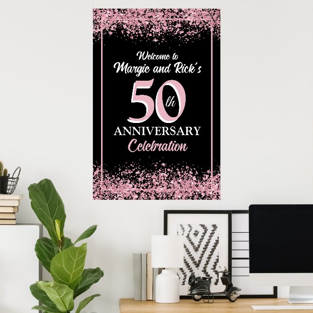 Rosa Faux Glitter Flowers 50-årsdagen Poster (Hemmakontoret)
