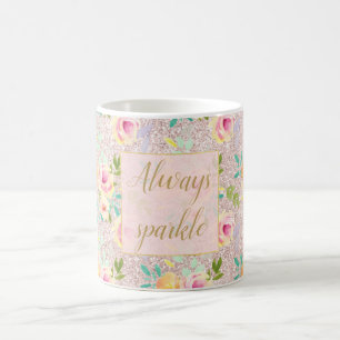 Rosa Faux Glitter Gnistra Blommigt Vattenfärg Kaffemugg