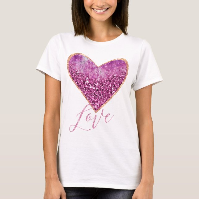 Rosa Faux Glitter Guld Gräns Heart Kärlek Tee Shirt (Framsida)