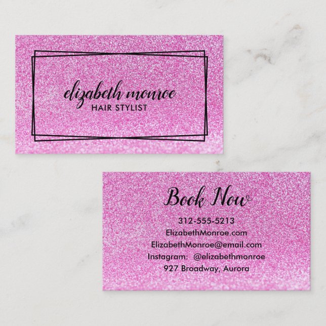 Rosa Faux Glitter Hairstylist Makeup Salon Script Visitkort (Fram/baksida)