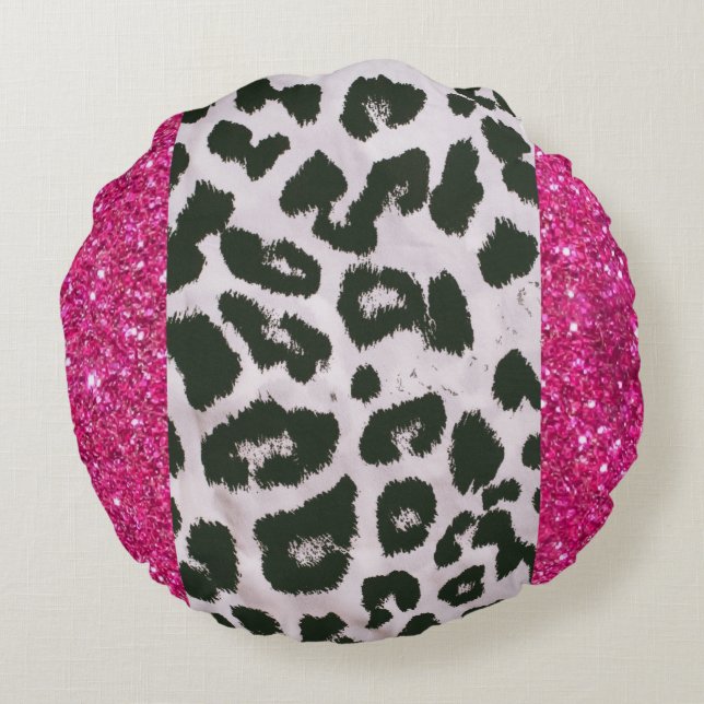 Rosa Faux Glitter Leopard Print Round Dekorativ ku Rund Kudde (Baksidan)
