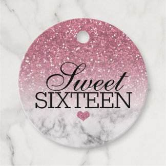 Rosa Faux Glitter/Marble Sweet 16 Gåvor Etiketter