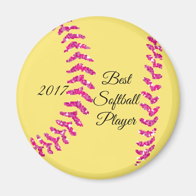 Rosa Faux Glitter Softball Stitches Magnet (Framsidan)