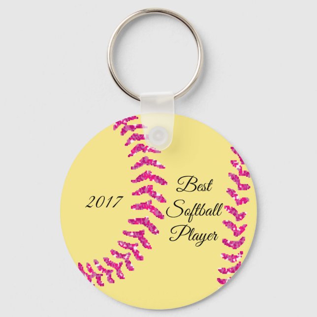 Rosa Faux Glitter Softball Stitches Nyckelring (Framsida)