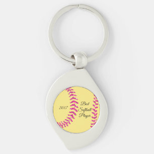 Rosa Faux Glitter Softball Stitches Swirl Silverfärgad Nyckelring