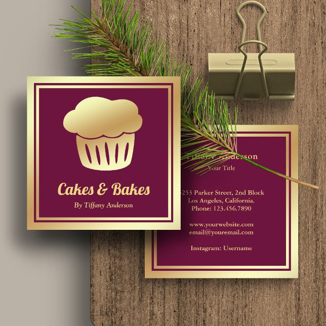 Rosa Faux Gold Foil Homemade Cupkaka Bakery Fyrkantigt Visitkort (Skapare uppladdad)