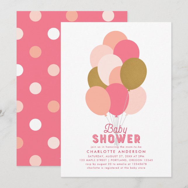  Rosa Faux Guld Ballons Baby Shower Inbjudningar (Fram/baksida)