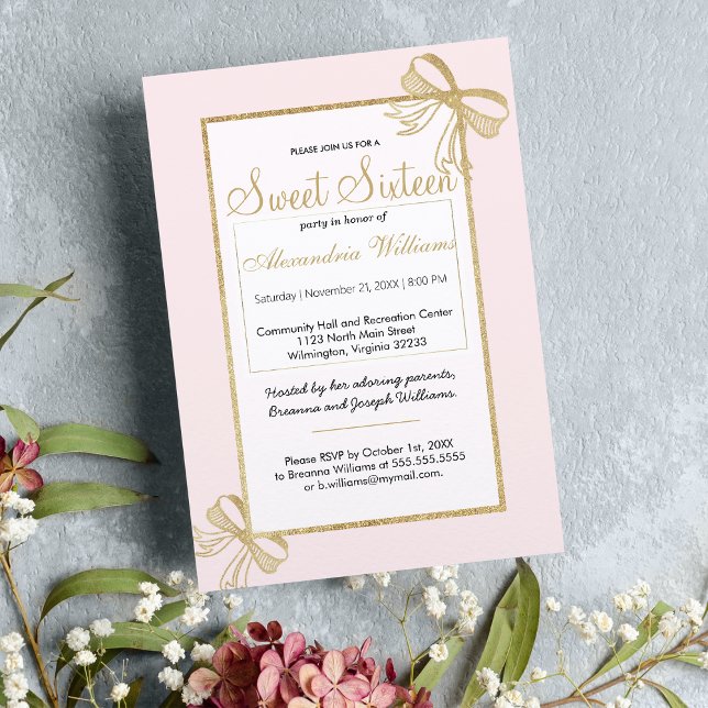  rosa faux guld glitter bow Sweet 16 Inbjudningar (Blush pink faux gold glitter bow Sweet 16 Invitation)