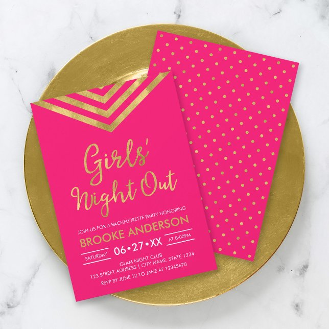 Rosa Faux Guld Modern Chevron Girls Natt ut Inbjudningar (Skapare uppladdad)