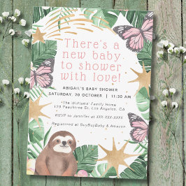 Rosa Faux Guld Sloth & Butterfly Girl Baby Shower Inbjudningar