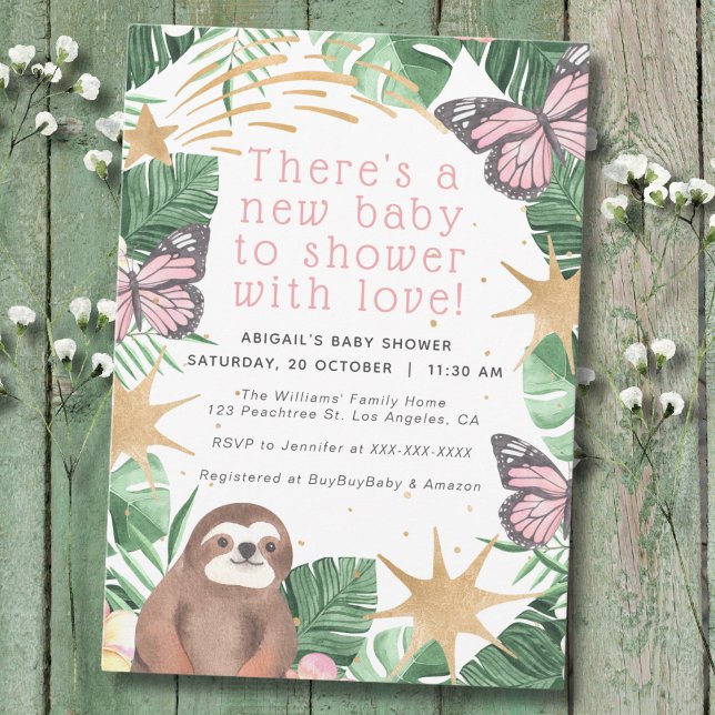 Rosa Faux Guld Sloth & Butterfly Girl Baby Shower Inbjudningar (Skapare uppladdad)