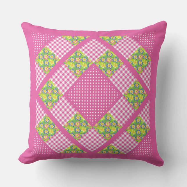 Rosa Faux Patchwork, Primroses, Polkas och Gingham Kudde (Framsida)