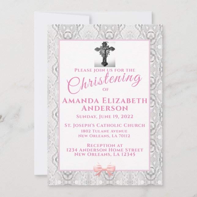 Rosa Faux Snöre Baptism/Christening-inbjudan Inbjudningar (Framsida)
