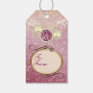 Rosa Fauxglitterjuvlar & snöregåvamärkre Presentetikett