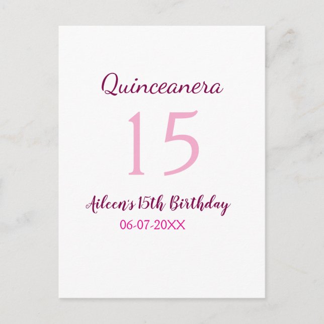 Rosa fe 15-årsdag enkel moder quinceanera vykort (Framsida)