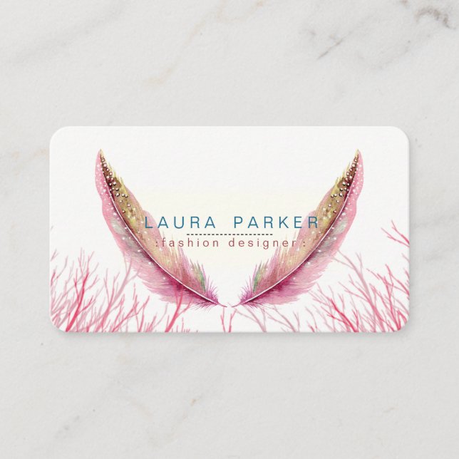 Rosa Feathers Watercolor Boho Girly Chic Visitkort (Framsida)