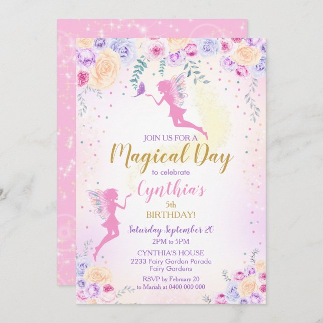 Rosa fée födelsedagsinbjudan Fée trädgård Inbjudningar (Fram/baksida)