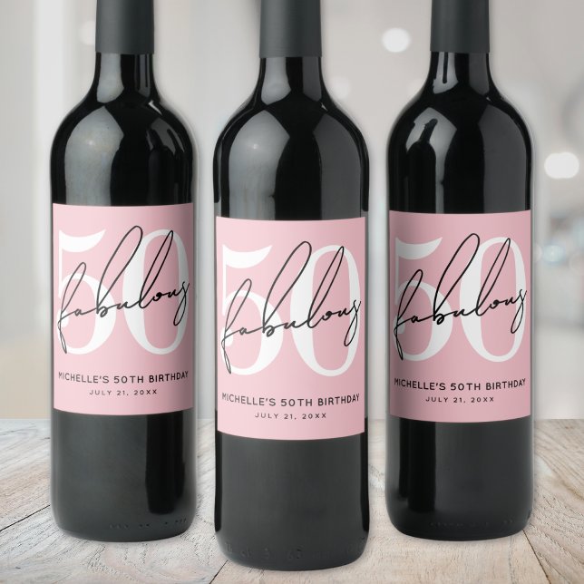 Rosa Femtio 50-årsdag Vinflaska Etikett (Fifty And Fabulous Blush Pink 50th Birthday Wine Label )