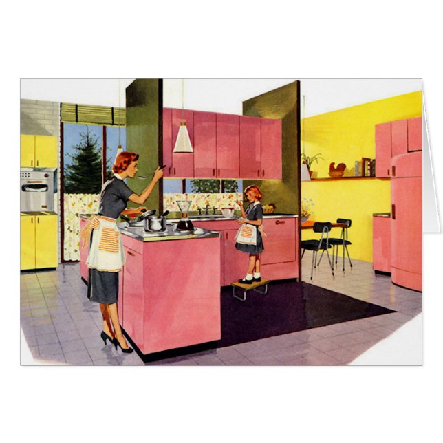 Rosa femtiotalfuturistiskakök hälsningskort (Framsidan Horizontal)