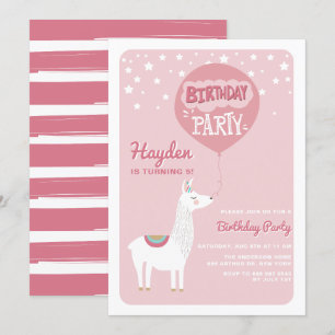 Rosa Festive Alpaca Barns födelsedag Party bjudand Inbjudningar