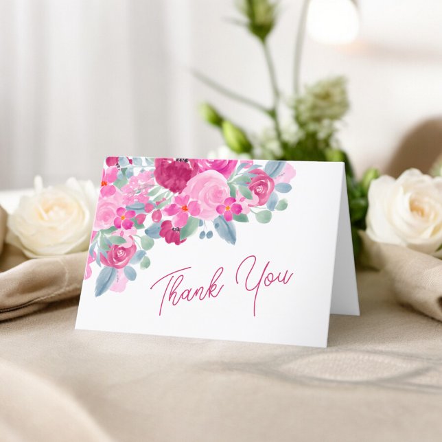 Rosa fet plommonblomma vattenfärg bröllopsfest tack kort (Bold pink plum floral watercolor bridal shower thank you card)