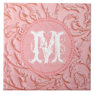 Rosa Filigree Wood Carving Monogram Visning Tile Kakelplatta